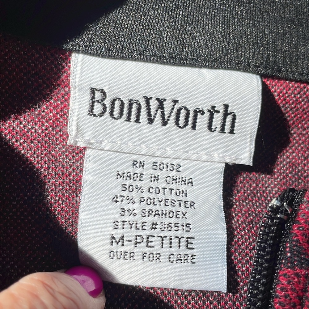 Bon Worth Medium Petite Red Black Jacket, Full Zip Diamond, Stretch, Pockets - Picture 5 of 6